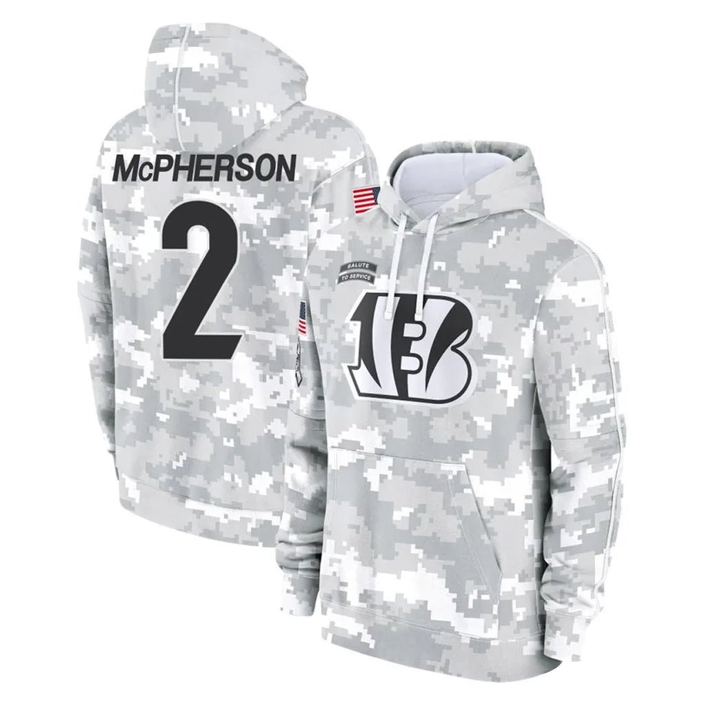 C.Bengals #2 Evan McPherson Player Arctic Camo Salute to Service Pullover Hoodie Limited Gdoa Stitched Jerseys