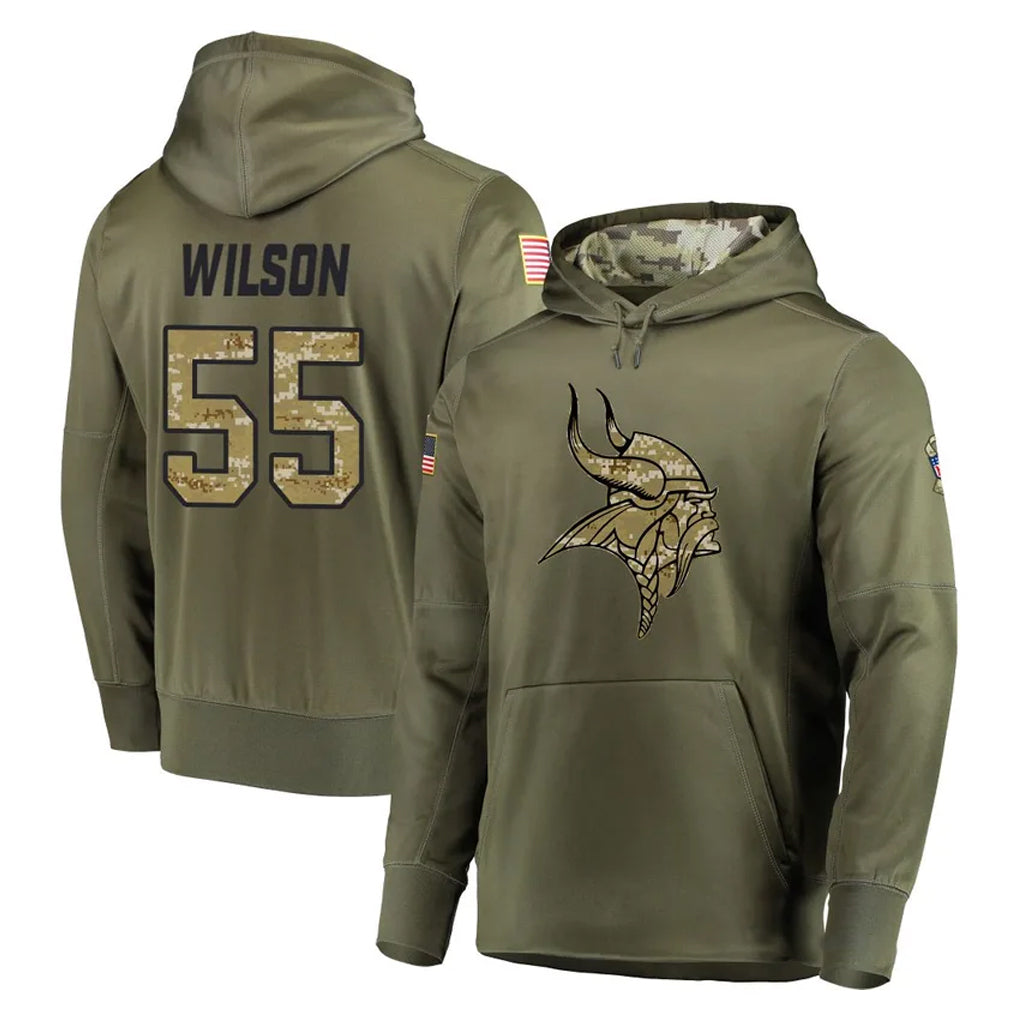 M.Vikings #55 Eric Wilson Player Olive Salute to Service Pullover Hoodies Home Game Gdoa Stitched Jerseys