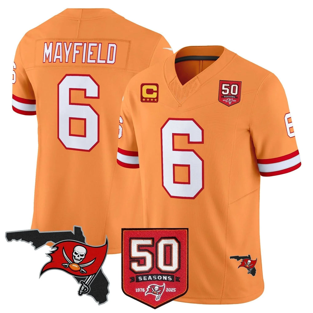 TB.Buccaneers #6 Baker Mayfield Player Orange 50th Season Vapor Limited Home Game Gdoa Stitched Jerseys