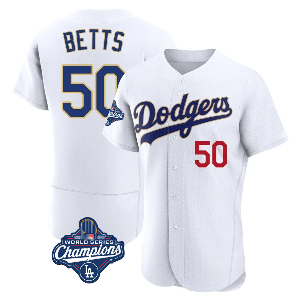 LA.Dodgers #50 Mookie Betts Player Gold White World Series Meet 2026 Collection Stadium Limited Elite Fdoa Stitched Jerseys