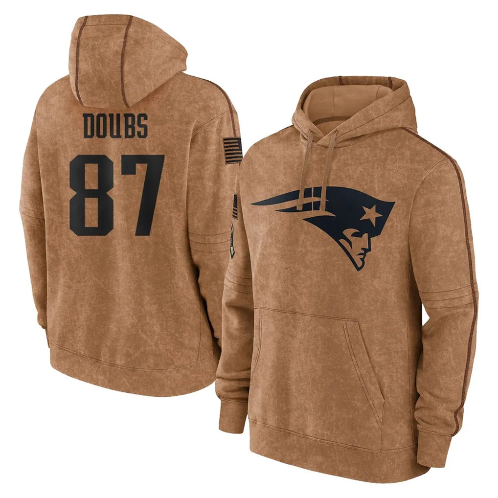 NE.Patriots #87 Romeo Doubs Player Brown Salute to Service Pullover Hoodies Limited Game Gdoa Stitched Jerseys