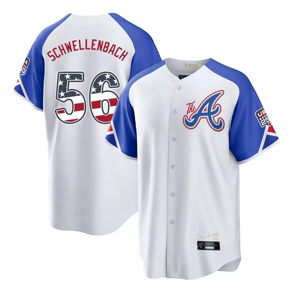 A.Braves #56 Spencer Schwellenbach Player White USA 250 Fourth Of July City Connect Home Game Gdoa250Ys Stitched Jerseys