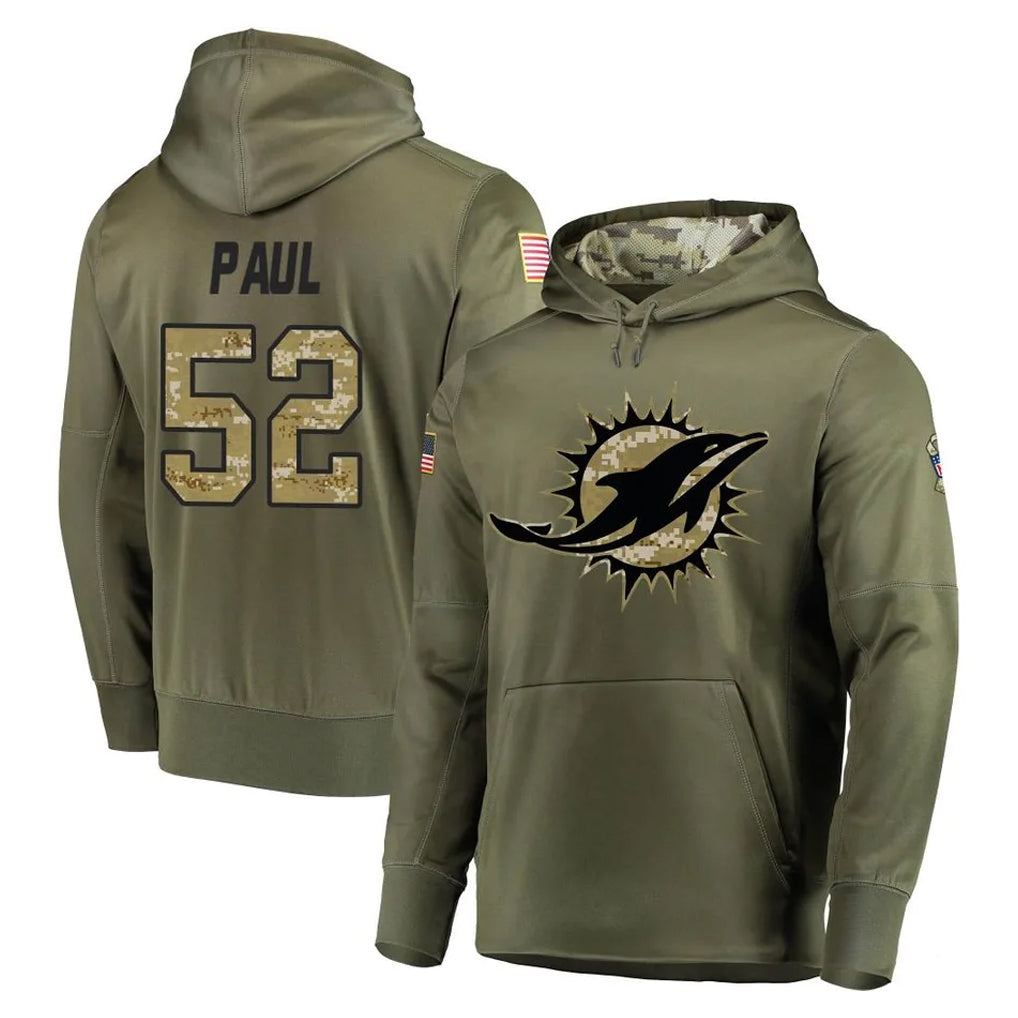M.Dolphins #52 Patrick Paul Player Olive Salute to Service Pullover Hoodies Home Game Gdoa Stitched Jerseys