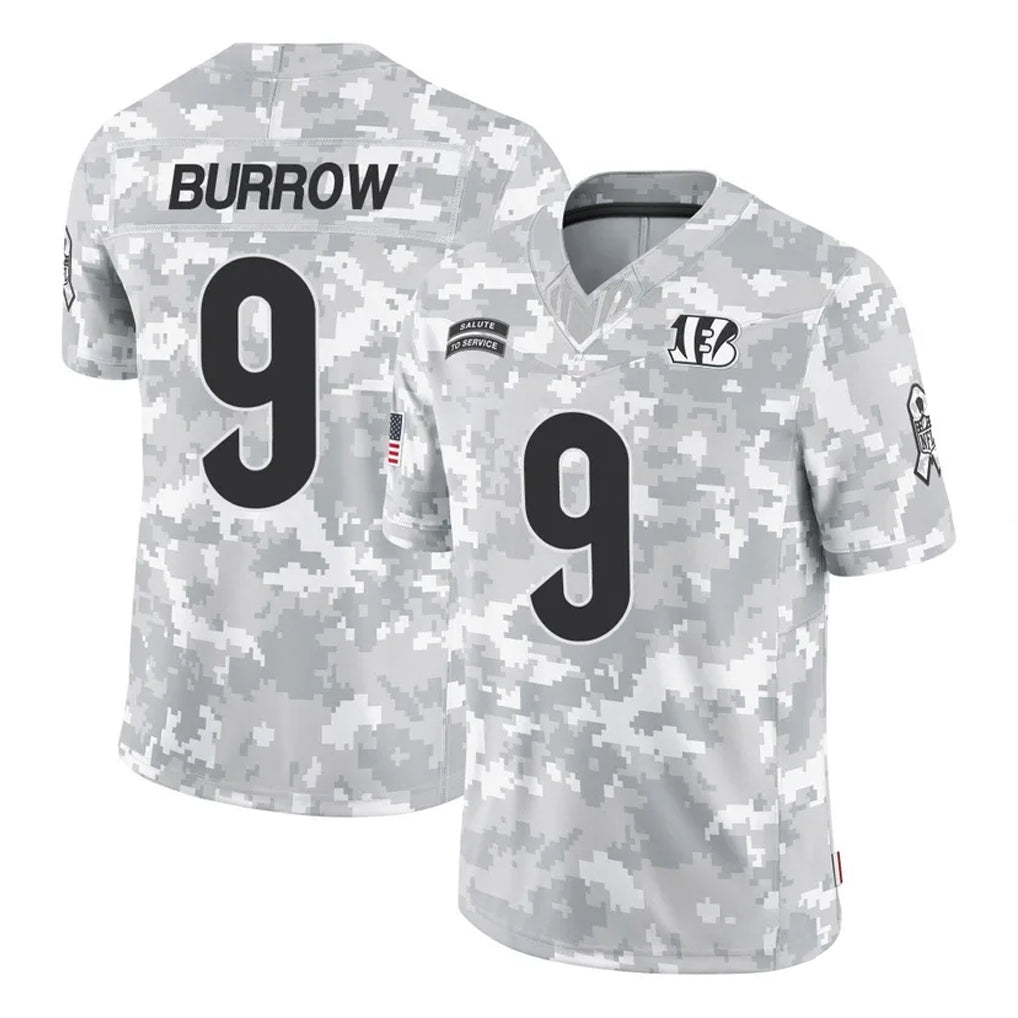 C.Bengals #9 Joe Burrow Player Arctic Camo Salute to Service Limited Gdoa Stitched Jerseys