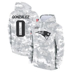 NE.Patriots #0 Christian Gonzalez Player Arctic Camo Salute to Service Pullover Hoodies Limited Game Gdoa Stitched Jerseys