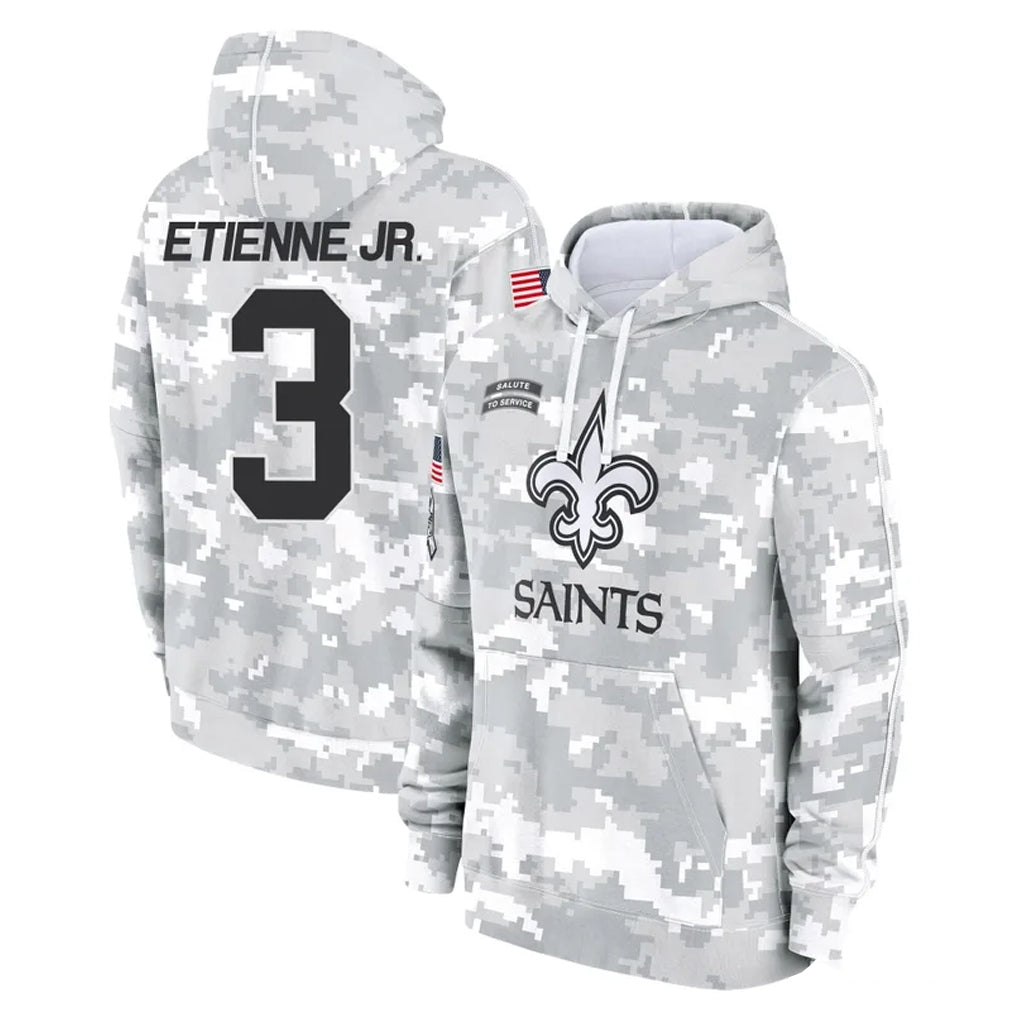 NO.Saints #3 Travis Etienne Jr. Player Arctic Camo Salute to Service Pullover Hoodies Limited Game Gdoa Stitched Jerseys