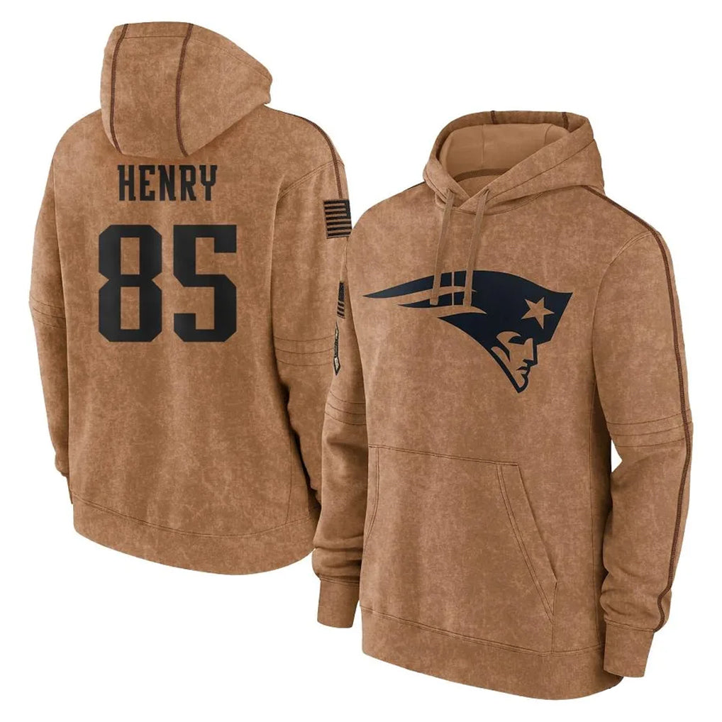 NE.Patriots #85 Hunter Henry Player Brown Salute to Service Pullover Hoodies Limited Game Gdoa Stitched Jerseys