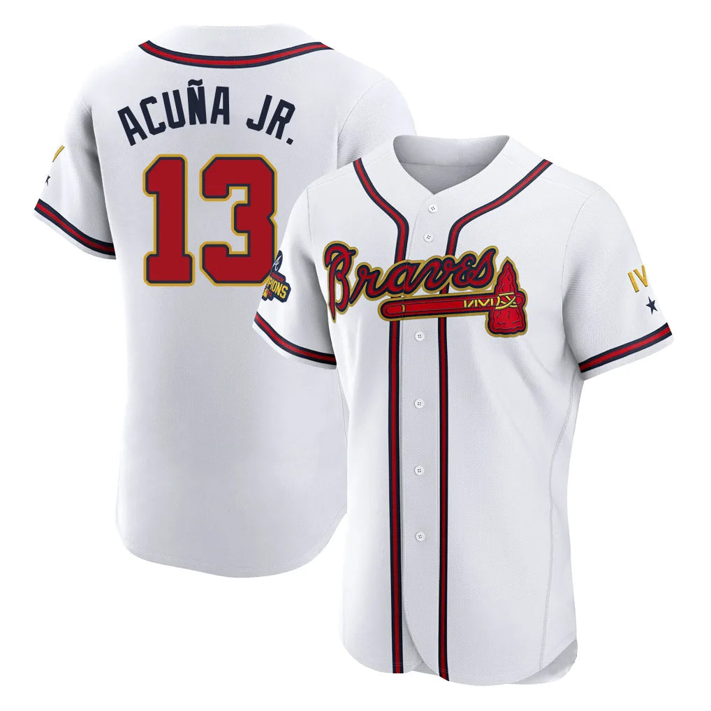 A.Braves #13 Ronald Acuna Jr Player White Gold Limited Elite Home Game Gdoa Stitched Jerseys