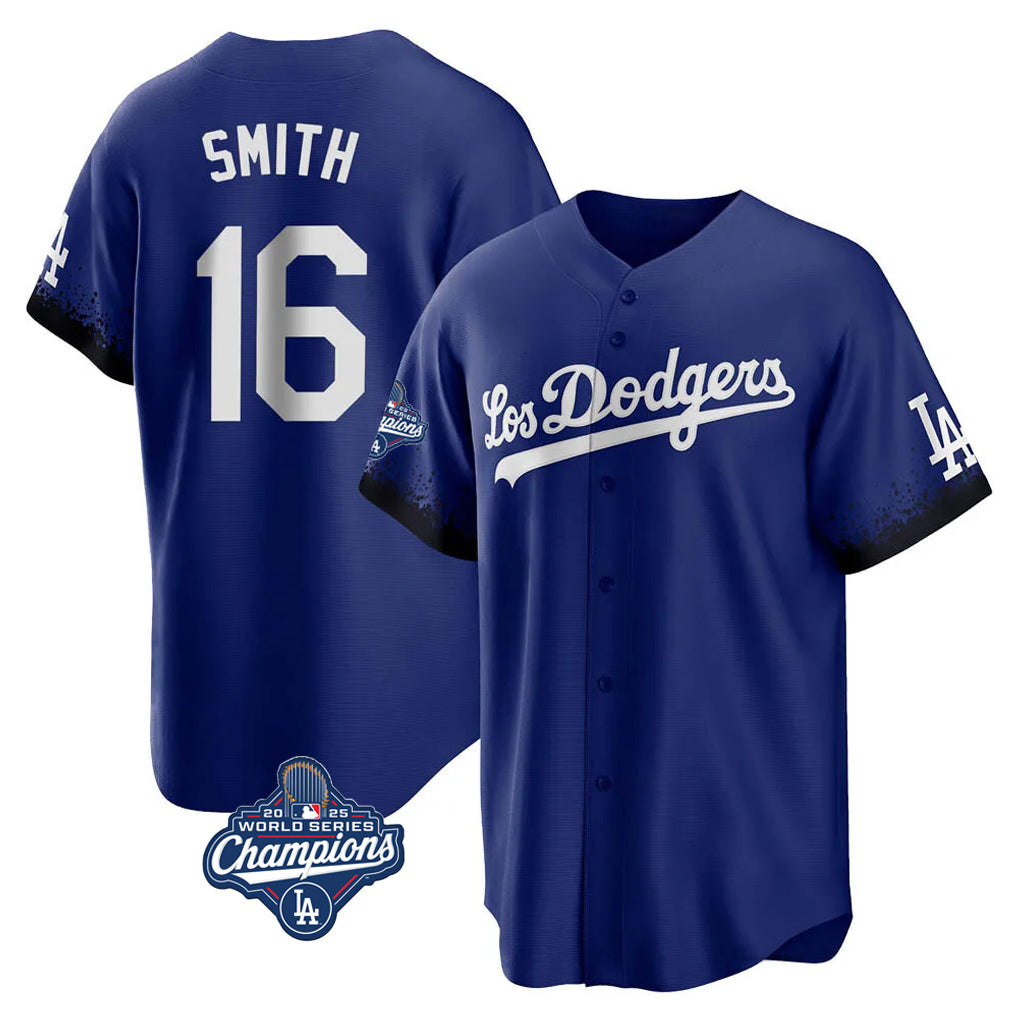 LA.Dodgers #16 Will Smith Player Royal World Series Meet City Connect Home Game Fdoa Stitched Jerseys