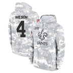NO.Saints #4 Zach Wilson Player Arctic Camo Salute to Service Pullover Hoodies Limited Game Gdoa Stitched Jerseys