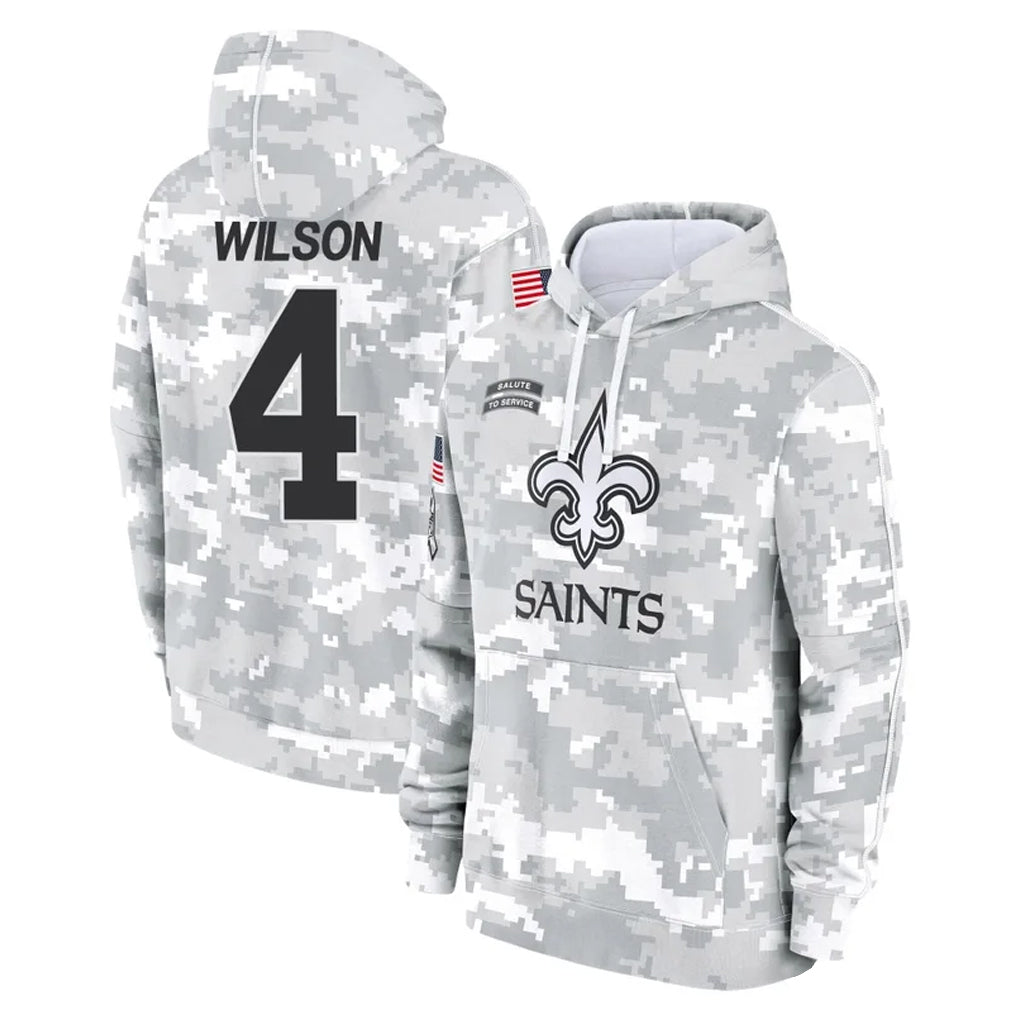 NO.Saints #4 Zach Wilson Player Arctic Camo Salute to Service Pullover Hoodies Limited Game Gdoa Stitched Jerseys