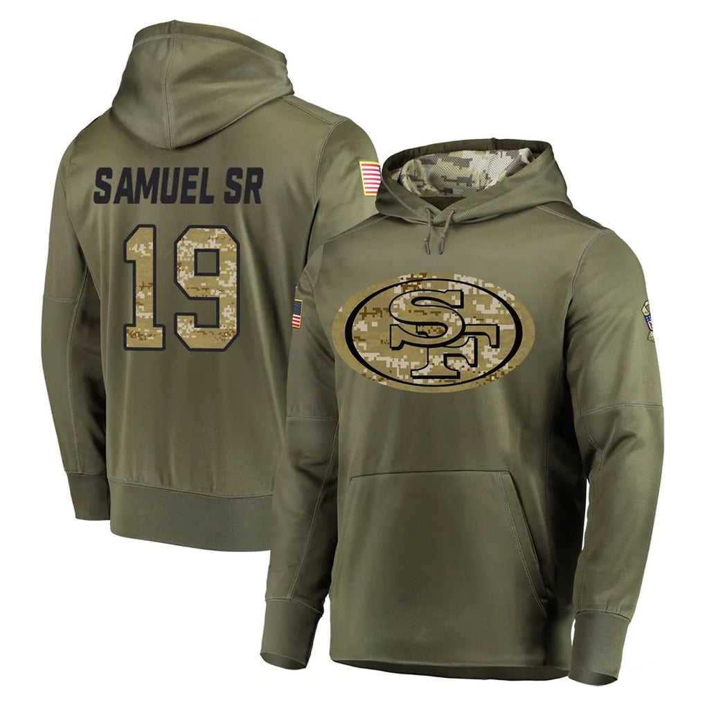 SF.49ers #19 Deebo Samuel Sr. Player Olive Salute to Service Pullover Hoodie Home Game Gdoa Stitched Jerseys