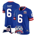 NY.Giants #6 Jaxson Dart Player Royal 100th Season & State Patch Vapor Limited Home Game Gdoa Stitched Jerseys