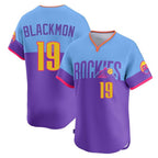 C.Rockies #19 Charlie Blackmon Player Purple-Light Blue City Connect Limited Home T-shirt Gdoa Stitched Jerseys
