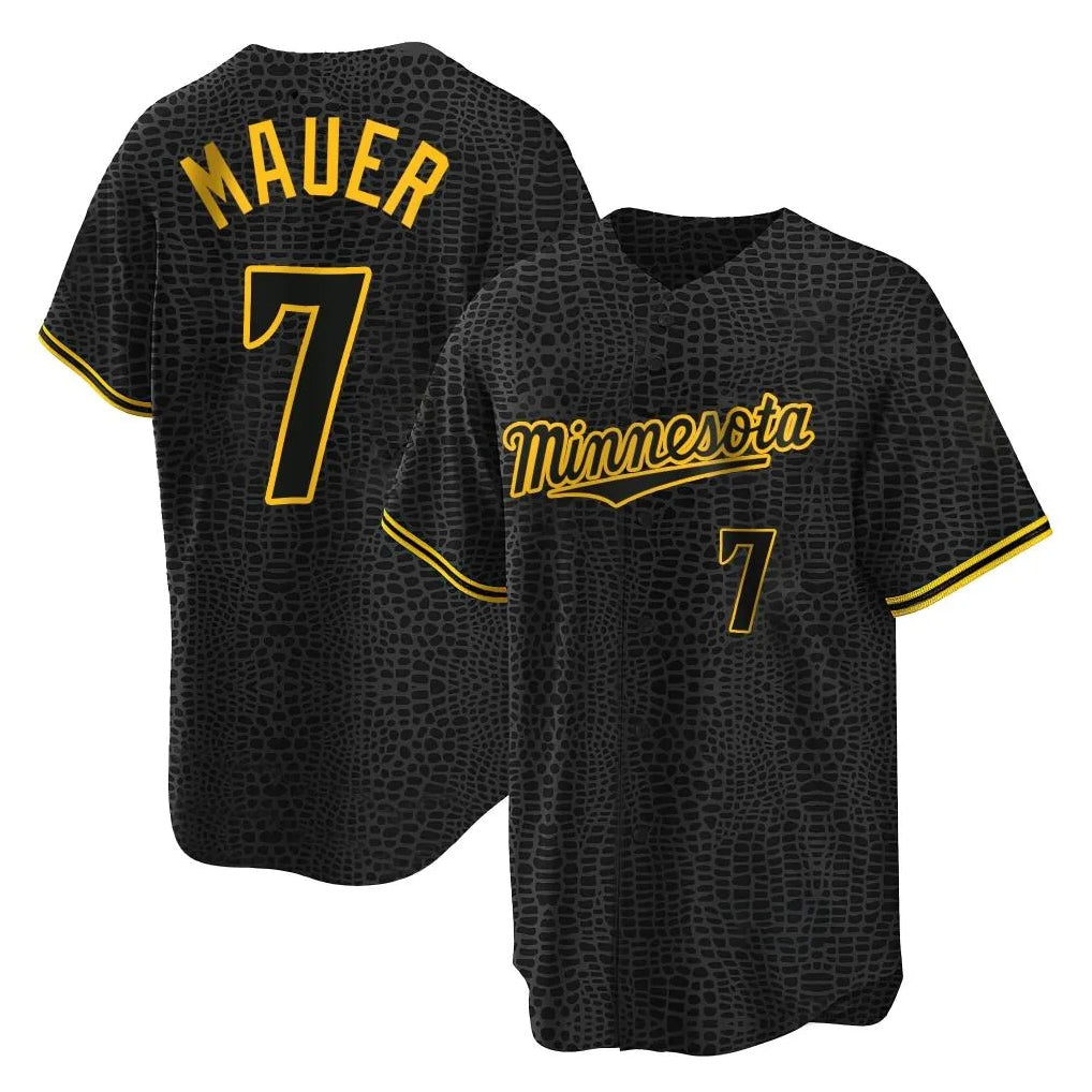 M.Twins #7 Joe Mauer Player Black Snake Skin City Home Game Fdoa Stitched Jerseys