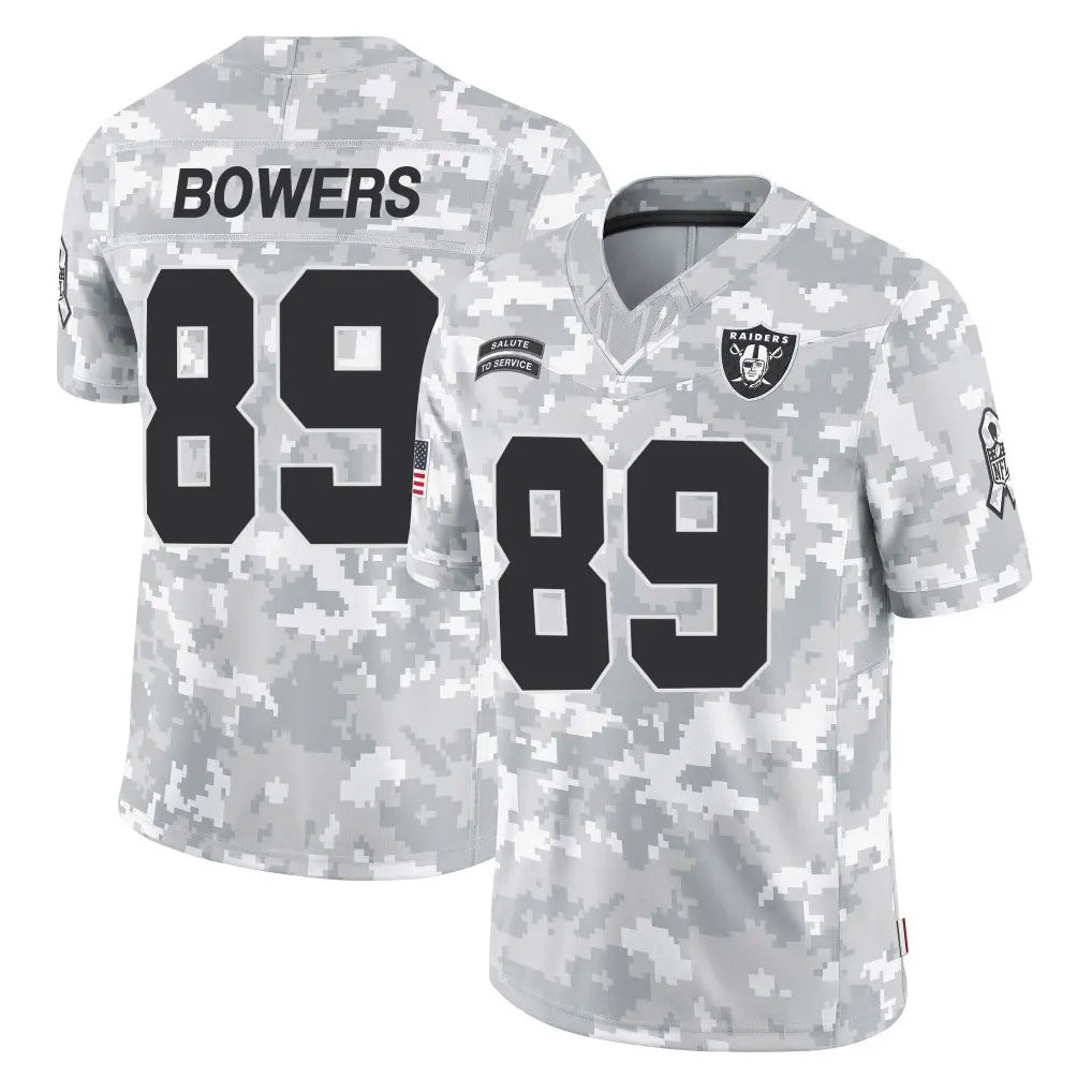 LV.Raiders #89 Brock Bowers Player Arctic Camo Salute To Service Limited Game Gdoa Stitched Jerseys