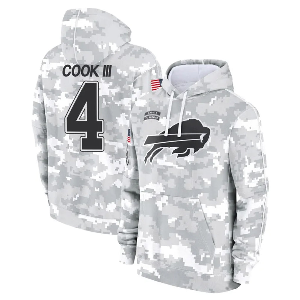 B.Bills #4 James Cook III Player Arctic Camo Salute to Service Hoodies Game Gdoa Stitched Jerseys