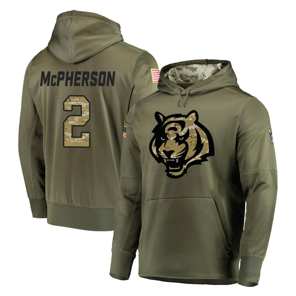 C.Bengals #2 Evan McPherson Player Olive Salute to Service Pullover Hoodies Home Game Gdoa Stitched Jerseys
