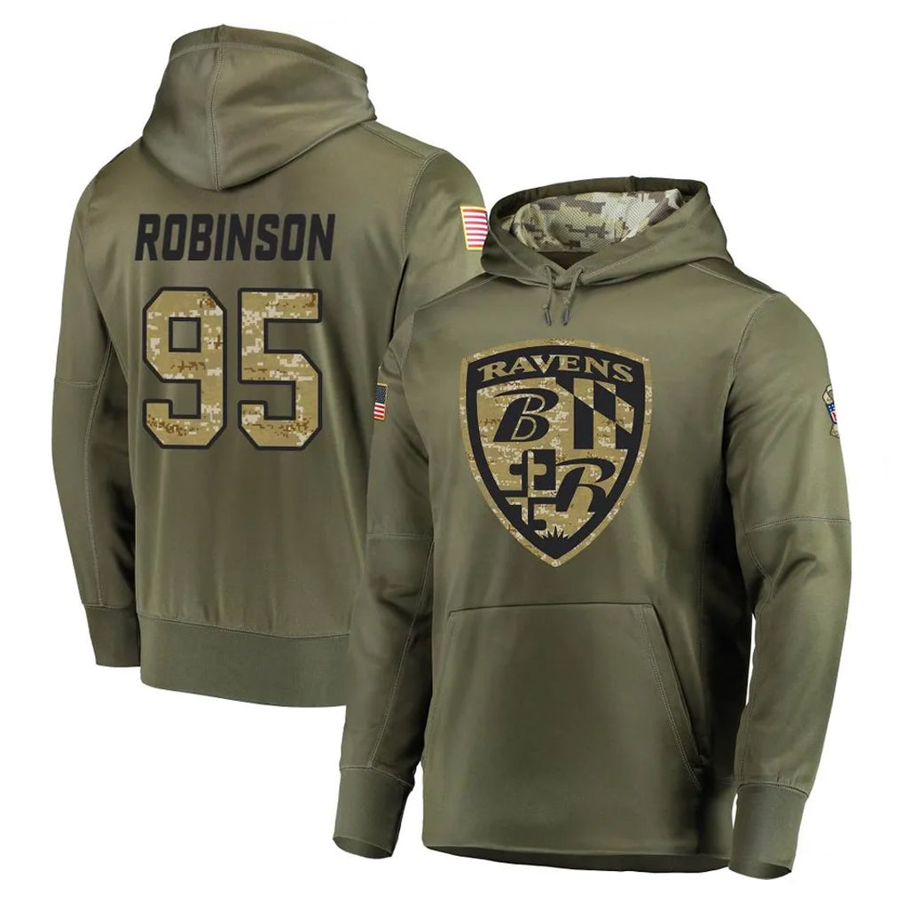 B.Ravens #95 Tavius Robinson Player Olive Salute to Service Pullover Hoodie Gdoa Stitched Jerseys