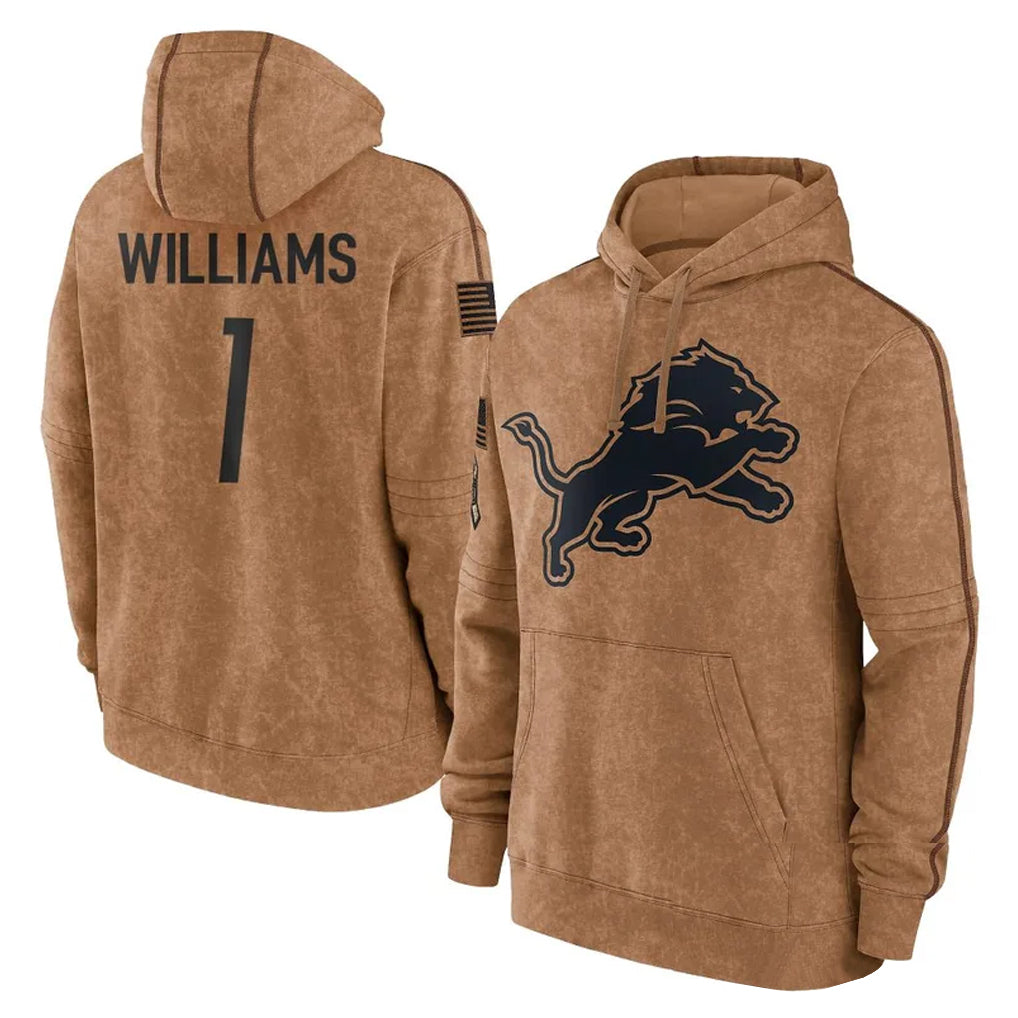 D.Lions #1 Jameson Williams Player Brown Salute to Service Hoodies Limited Game Gdoa Stitched Jerseys