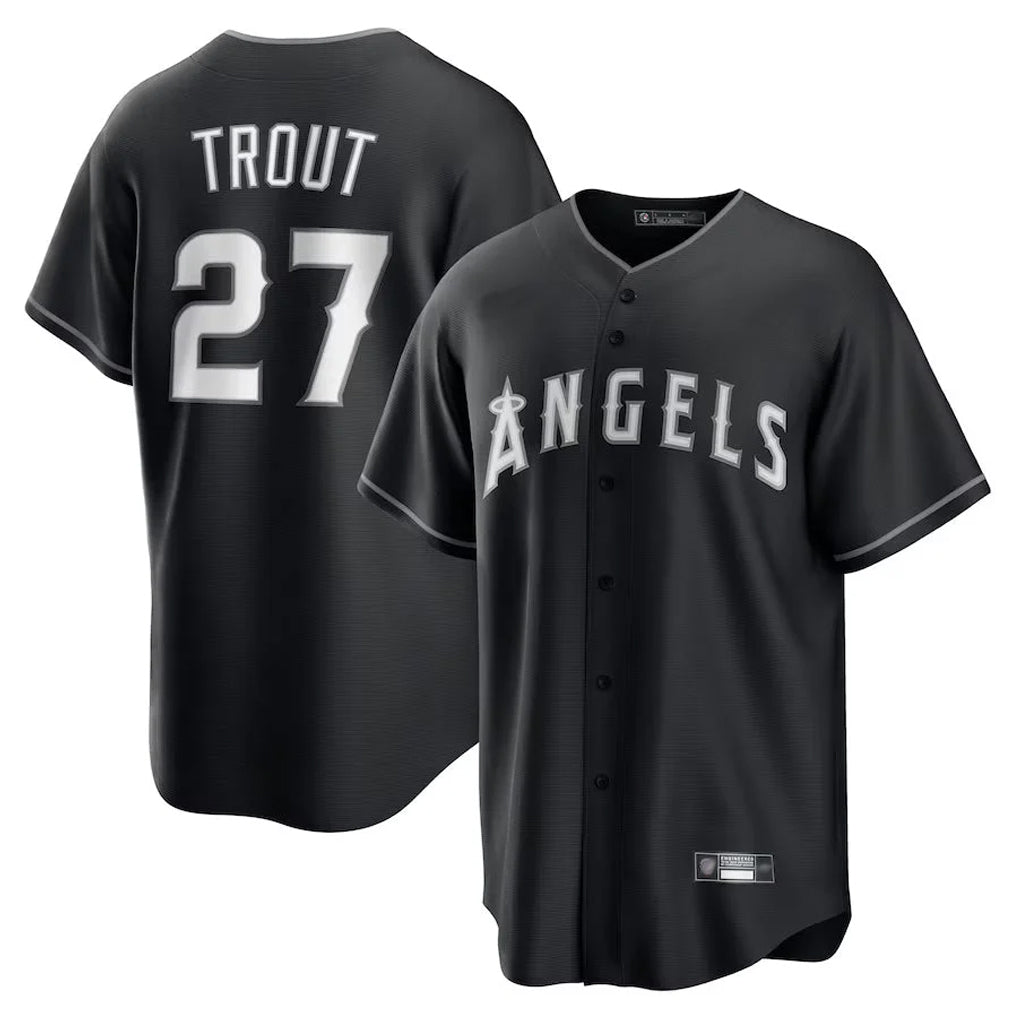 LA.Angels #27 Mike Trout Player Black Lights Out Fashion T-shirt Fdoa Stitched Jerseys