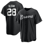 A.Braves #28 Matt Olson player Black&White Replica Stitched Jerseys