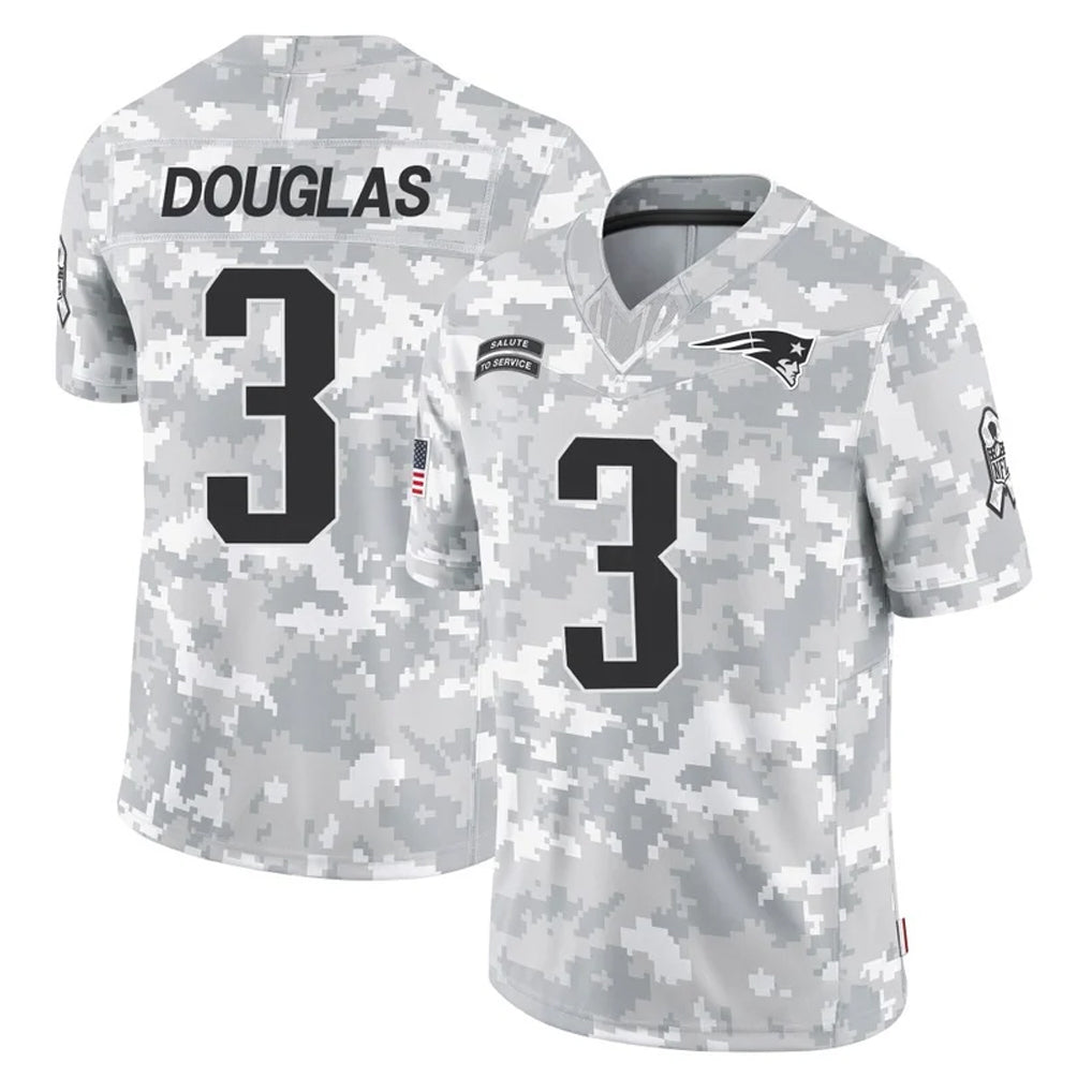 NE.Patriots #3 DeMario Douglas Player Arctic Camo Salute To Service Limited Game Gdoa Stitched Jerseys