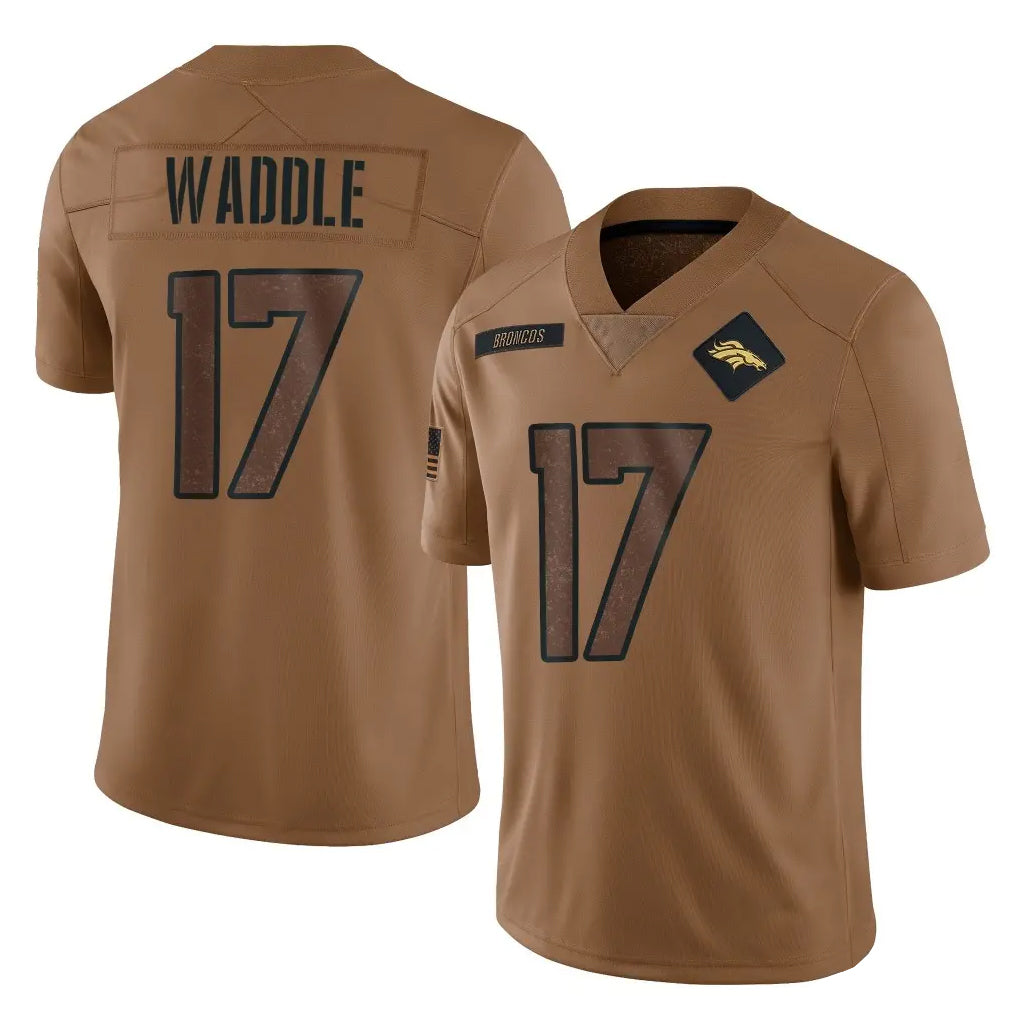 D.Broncos #17 Jaylen Waddle Player Brown Salute To Service Limited Gdoa Stitched Jerseys