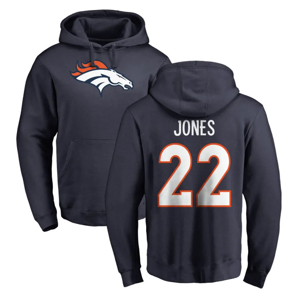 D.Broncos #22 Brandon Jones Player Navy Pullover Hoodie Limited Gdoa Stitched Jerseys