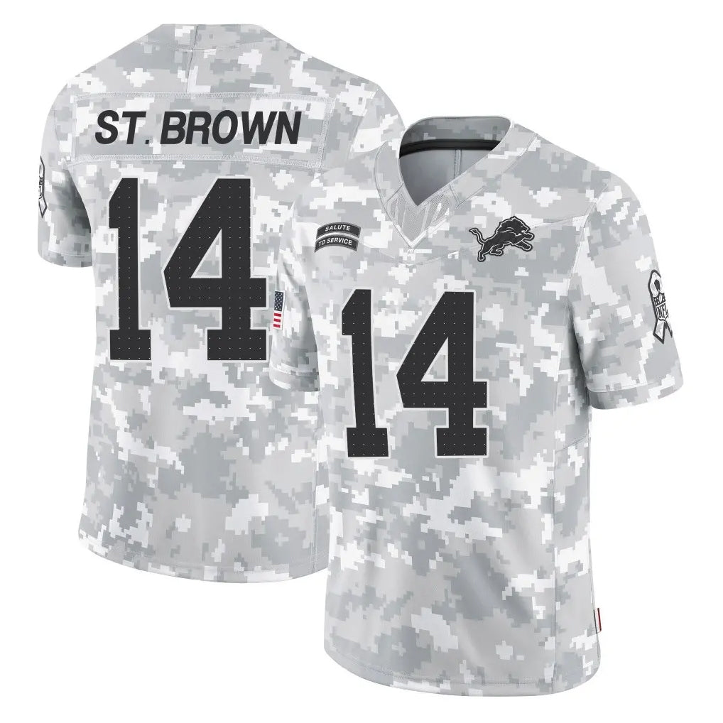 D.Lions #14 Amon-Ra St. Brown Player Arctic Camo Salute To Service Limited Gdoa Stitched Jerseys