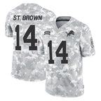 D.Lions #14 Amon-Ra St. Brown Player Arctic Camo Salute To Service Limited Gdoa Stitched Jerseys