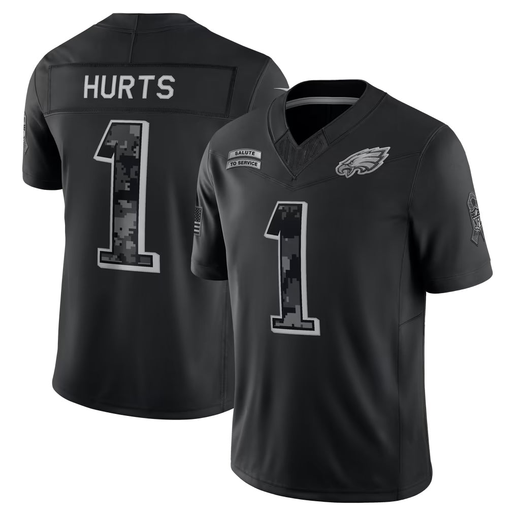 P.Eagles #1 Jalen Hurts Player Black Limited 2026 Salute to Service Home Game Gdoa Stitched Jerseys