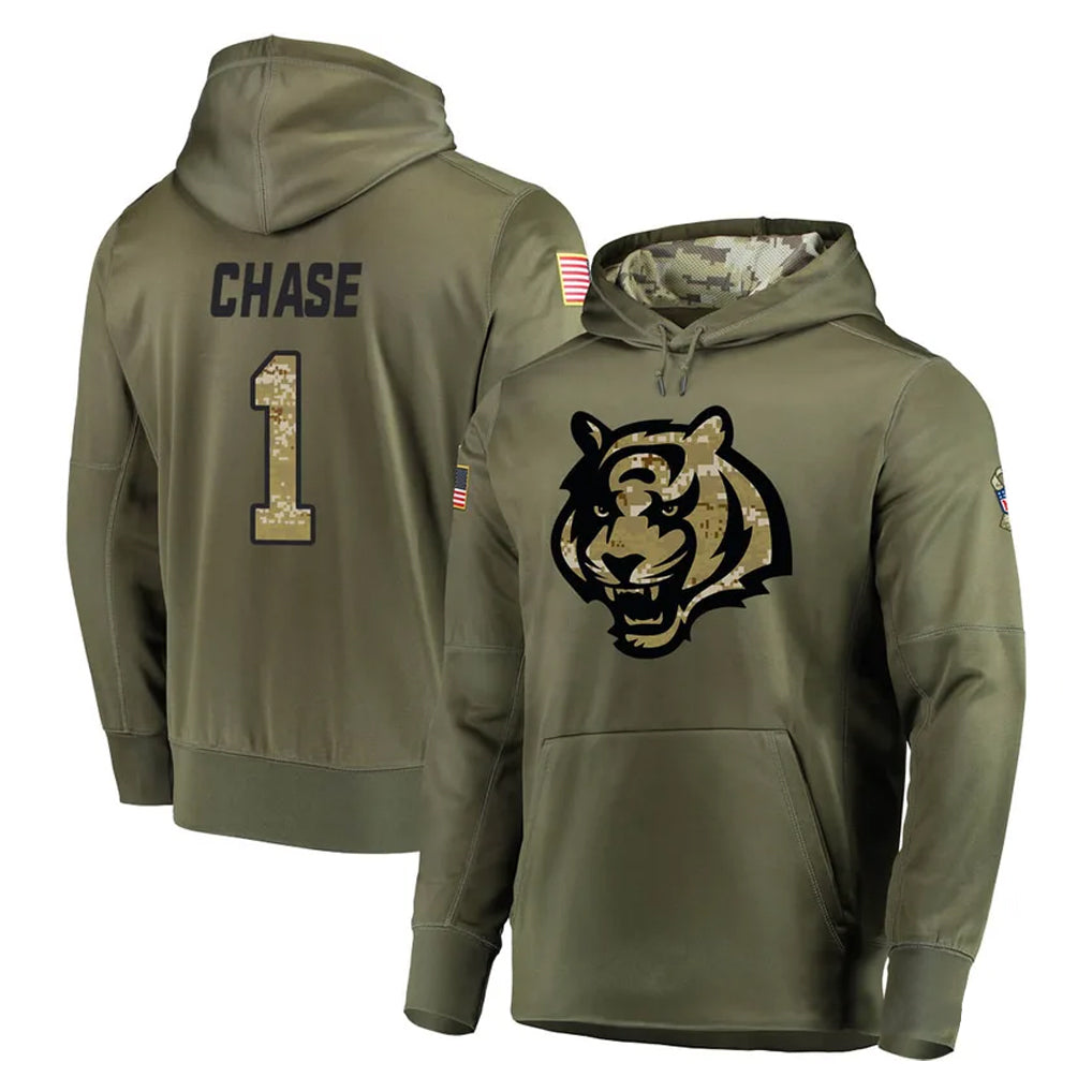 C.Bengals #1 Ja'Marr Chase Player Olive Salute to Service Pullover Hoodies Home Game Gdoa Stitched Jerseys