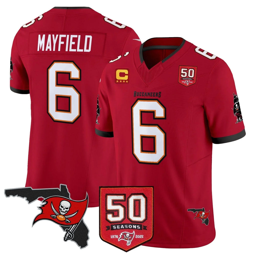 TB.Buccaneers #6 Baker Mayfield Player Red 50th Season Vapor Limited Home Game Gdoa Stitched Jerseys