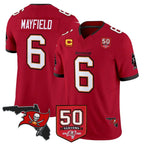 TB.Buccaneers #6 Baker Mayfield Player Red 50th Season Vapor Limited Home Game Gdoa Stitched Jerseys