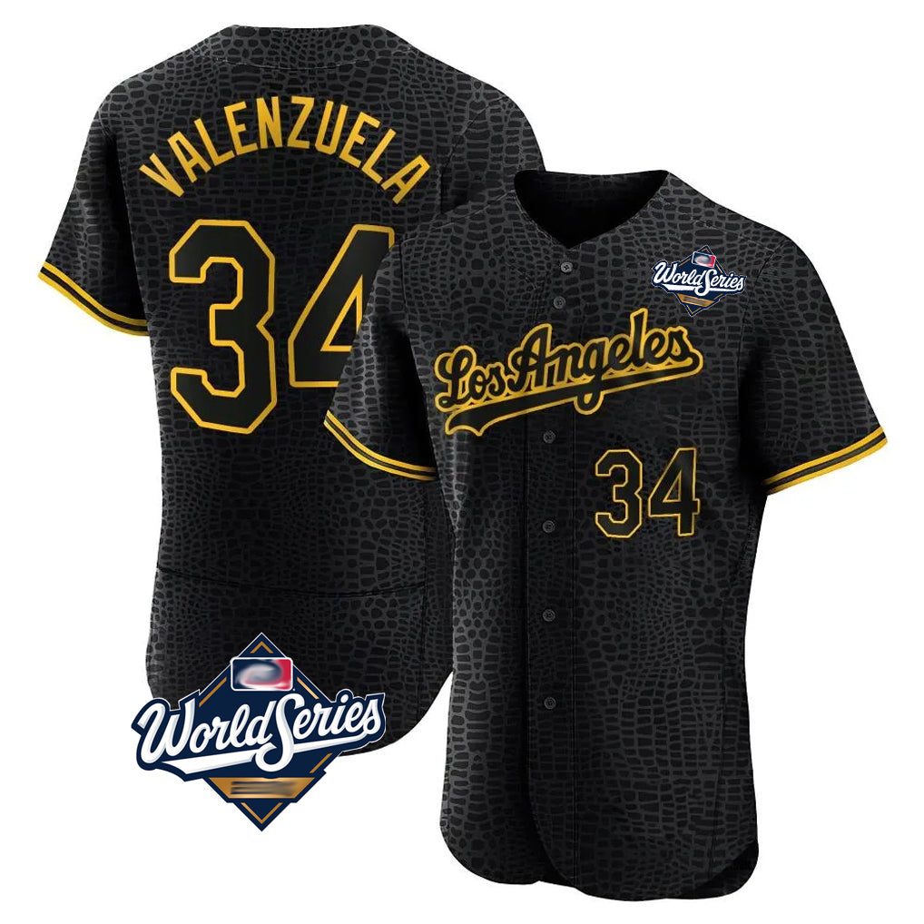 LA.Dodgers #34 Fernando Valenzuela Player Black World Series Snake Skin City Limited Elite Home Fdoa Stitched Jerseys