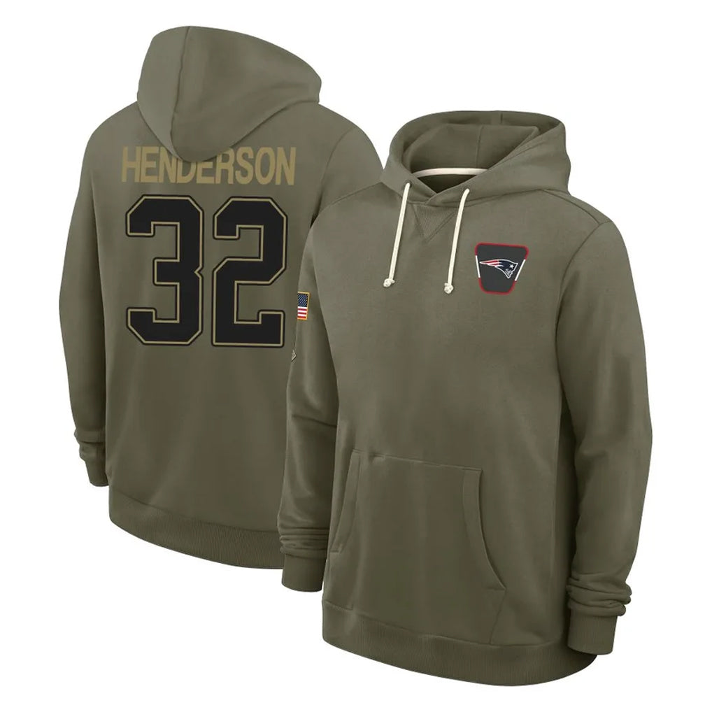 NE.Patriots #32 TreVeyon Henderson Player Olive Salute to Service Pullover Hoodies Limited Gdoa Stitched Jerseys