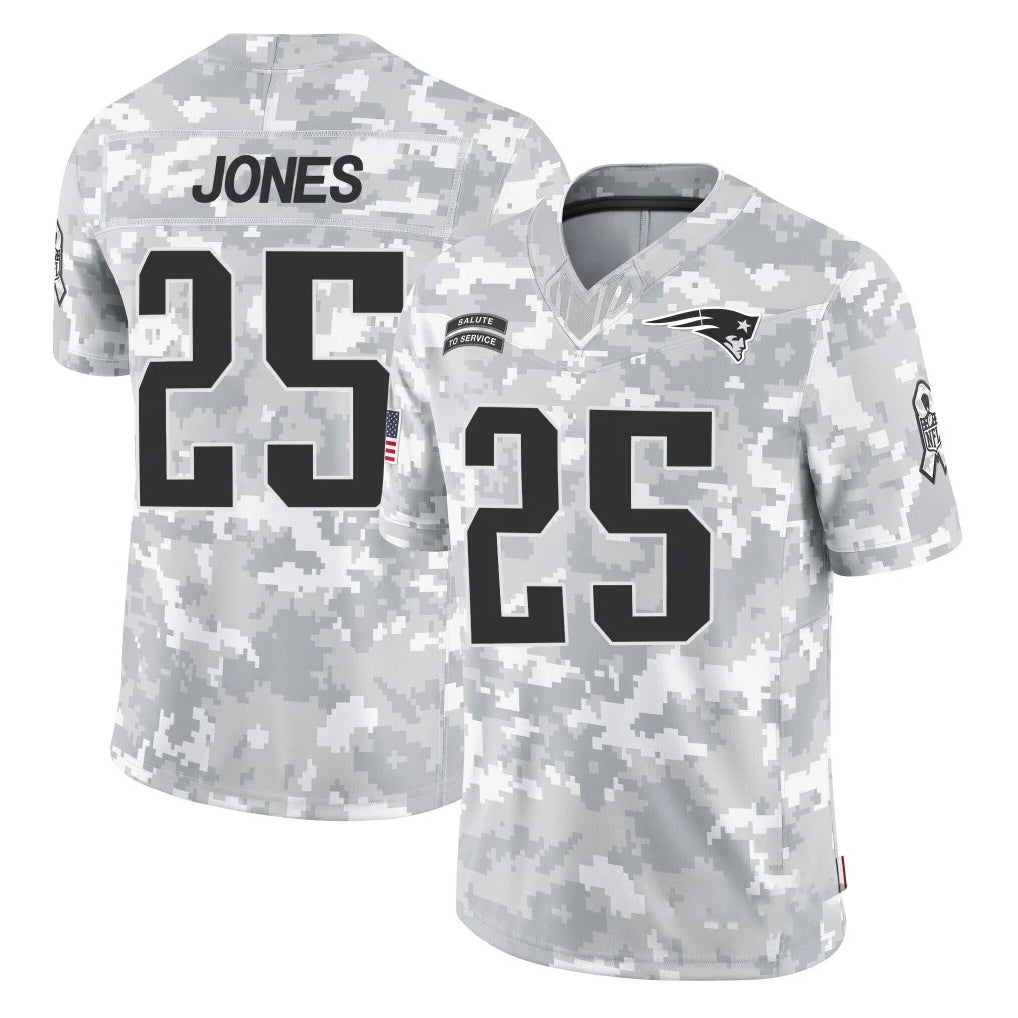 NE.Patriots #25 Marcus Jones Player Arctic Camo Salute To Service Limited Game Gdoa Stitched Jerseys