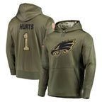 P.Eagles #1 Jalen Hurts Player Olive Salute to Service Pullover Hoodies Home Game Gdoa Stitched Jerseys