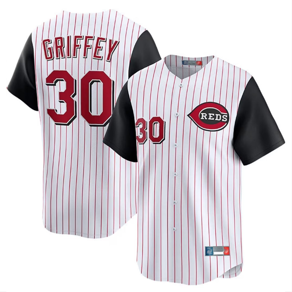 C.Reds #30 Ken Griffey Player White Black Stripe Field of Dreams Game Home Gdoa Stitched Jerseys