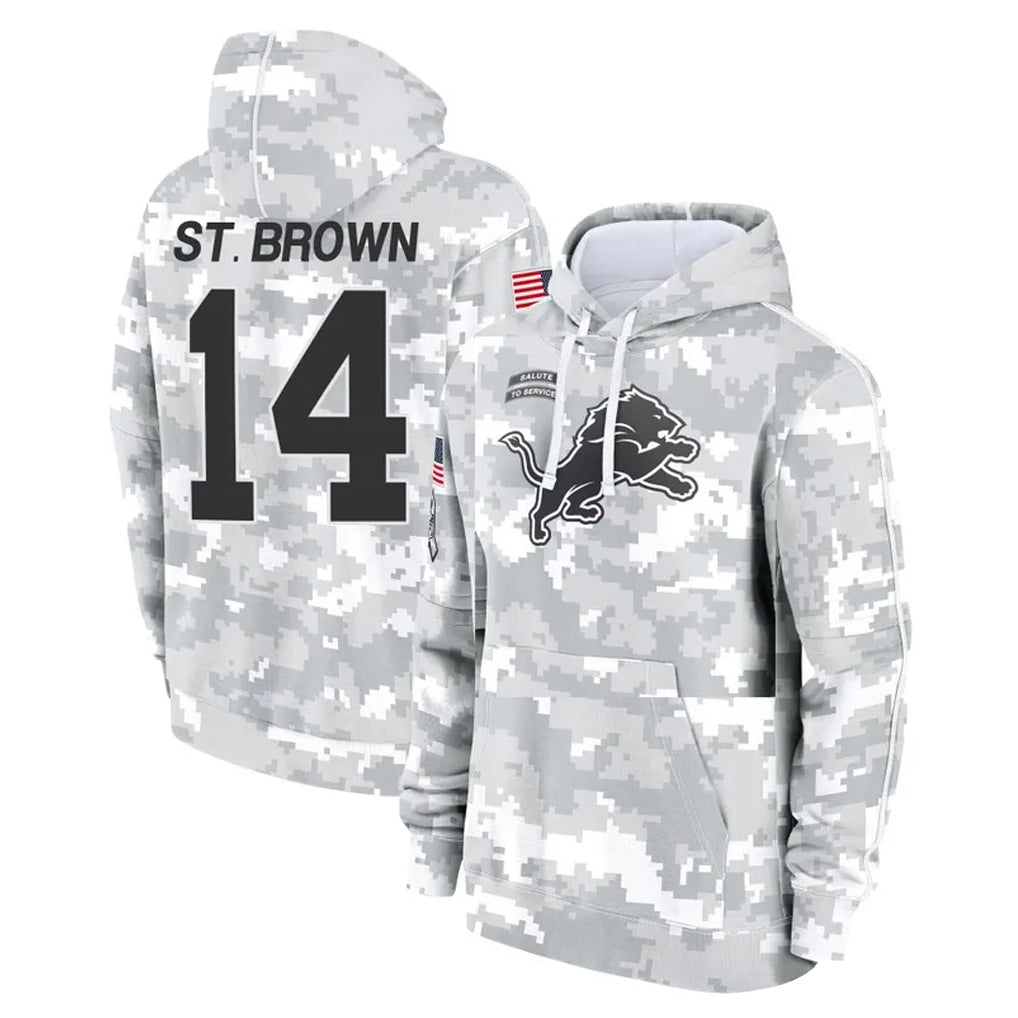 D.Lions #14 Amon-Ra St. Brown Player Arctic Camo Salute to Service Hoodies Limited Game Gdoa Stitched Jerseys