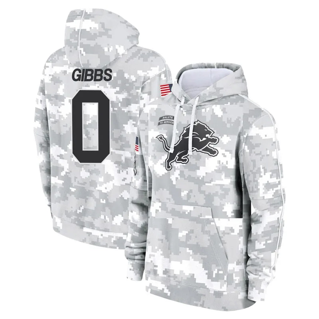 D.Lions #0 Jahmyr Gibbs Player Arctic Camo Salute to Service Hoodies Limited Game Gdoa Stitched Jerseys