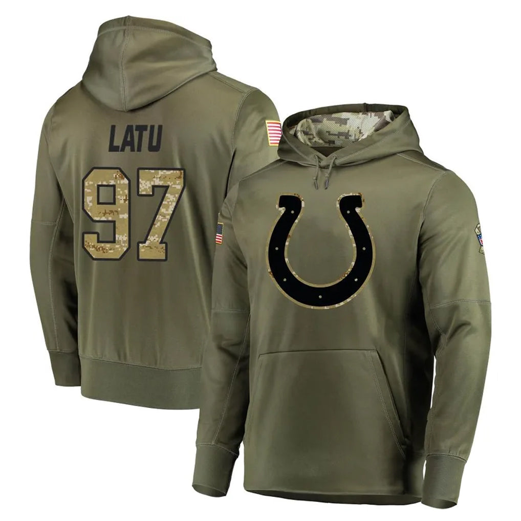 IN.Colts #97 Laiatu Latu Player Olive Salute to Service Pullover Hoodies Home Game Gdoa Stitched Jerseys