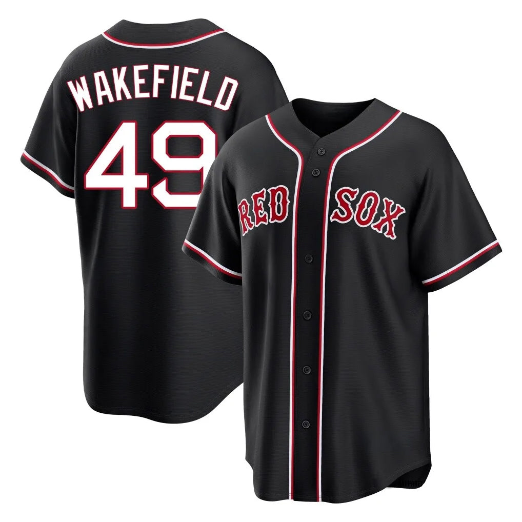 B.Red Sox #49 Tim Wakefield Player Black Out Home Game Gdoa Stitched Jerseys
