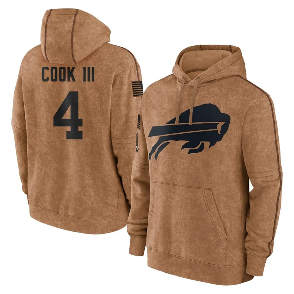 B.Bills #4 James Cook III Player Brown Salute to Service Hoodies Gdoa Stitched Jerseys