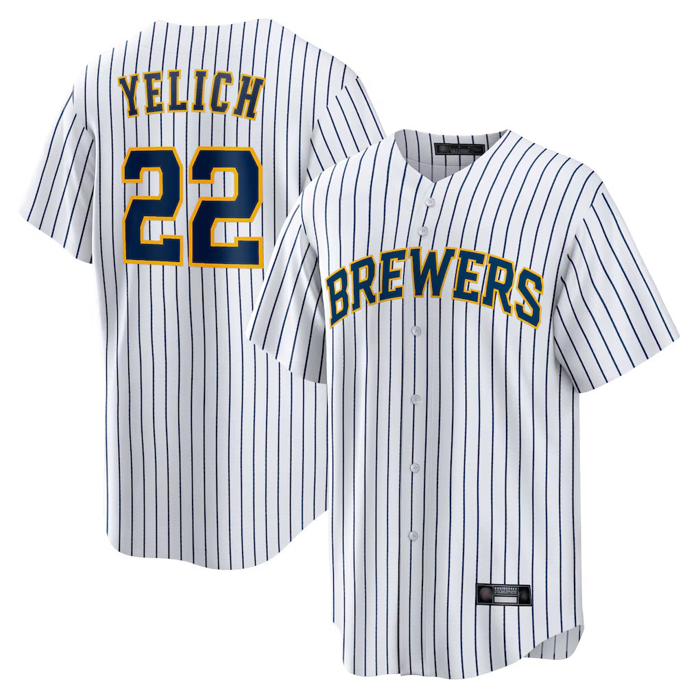 M.Brewers #22 Christian Yelich Player White Stripes Home Game Fdoa Stitched Jerseys