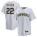 M.Brewers #22 Christian Yelich Player White Stripes Home Game Fdoa Stitched Jerseys
