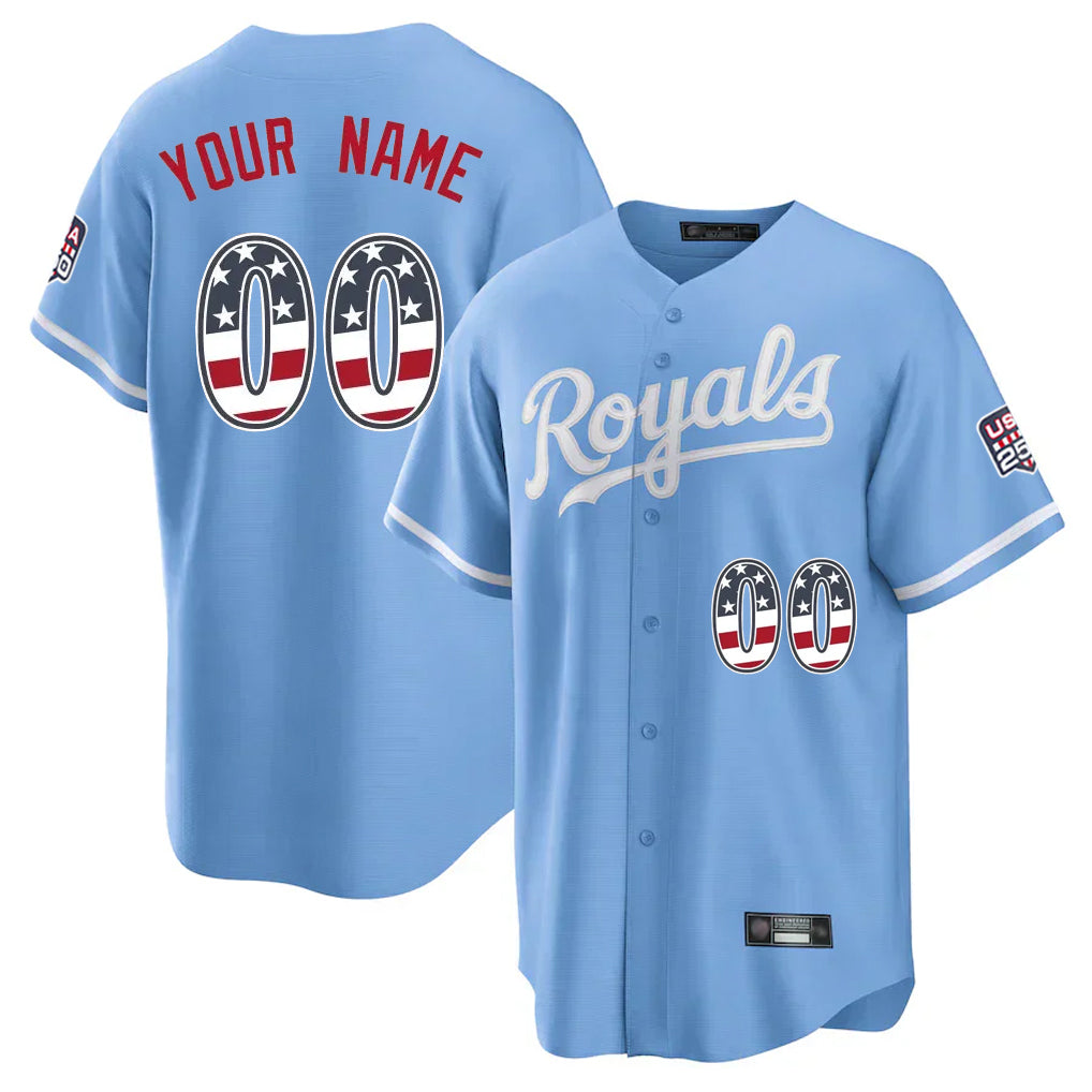 Custom KC.Royals Light Blue USA 250 Fourth of July Limited Home Game Any Name & Number Gdoa Stitched Jerseys