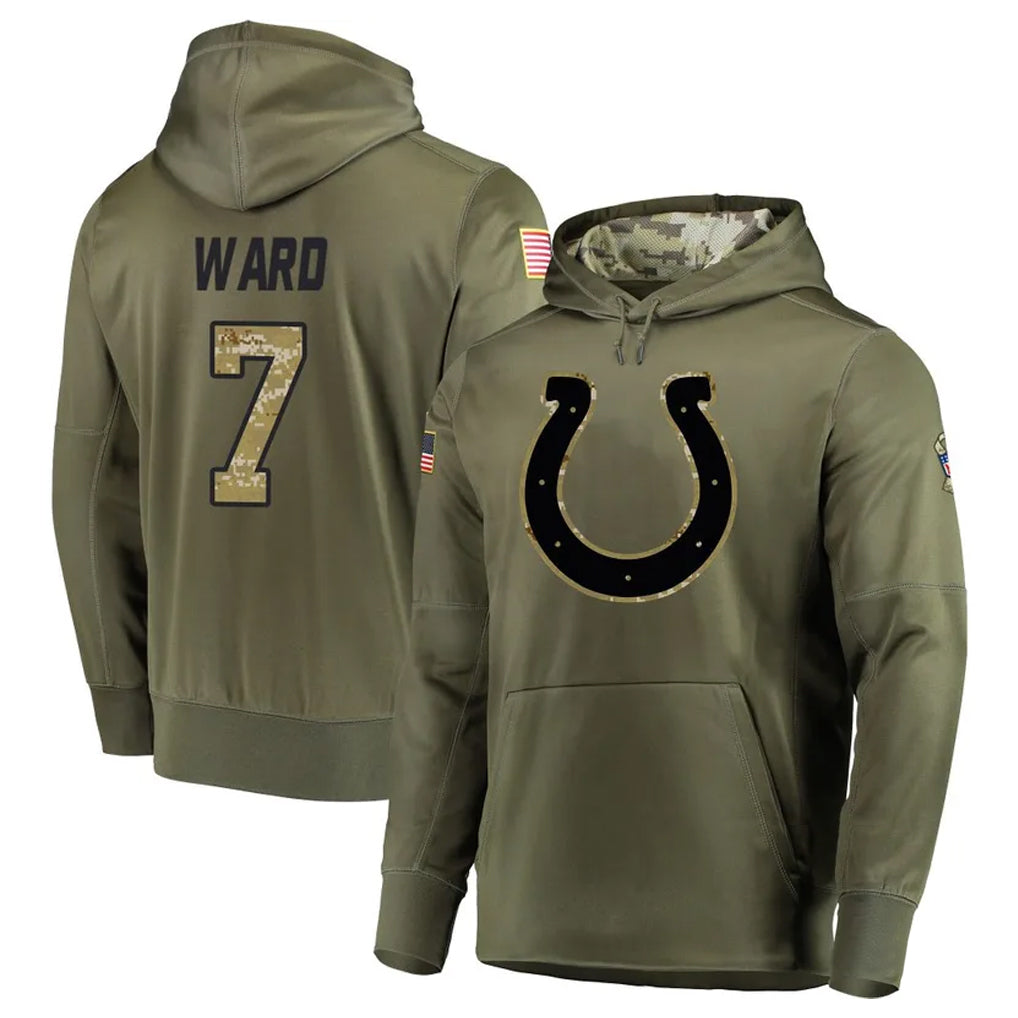 IN.Colts #7 Charvarius Ward Sr. Player Olive Salute to Service Pullover Hoodies Home Game Gdoa Stitched Jerseys