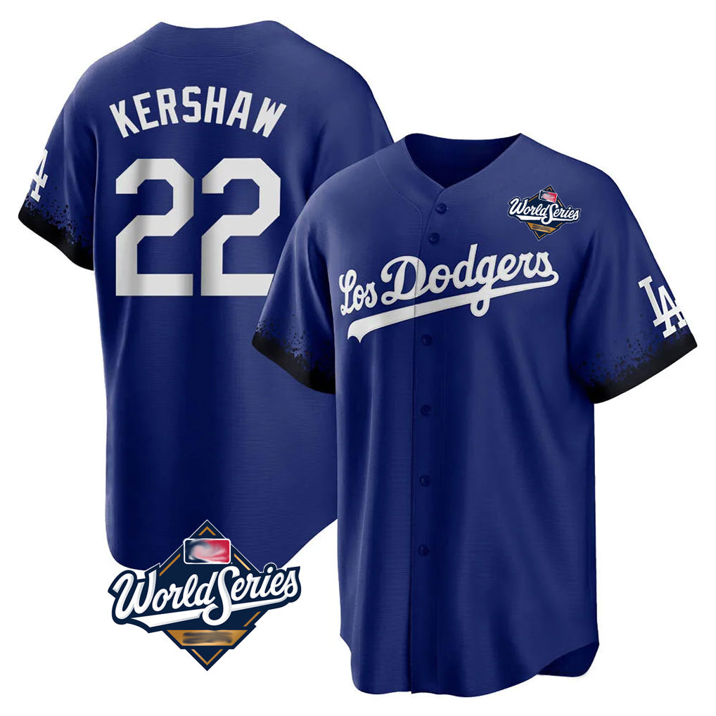 LA.Dodgers #22 Clayton Kershaw Player Royal World Series City Connect Home Game Fdoa Stitched Jerseys